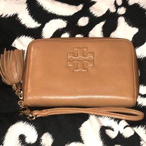Brown leather Tory Burch wristlet